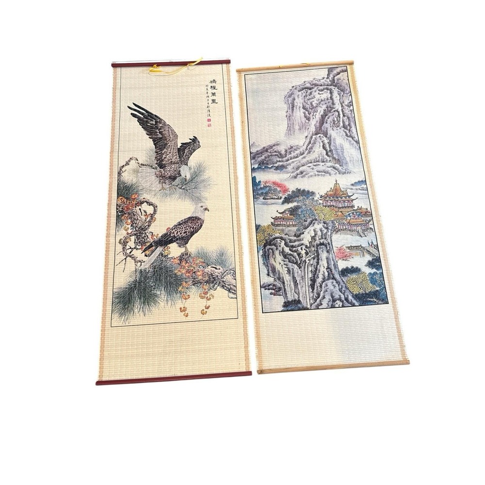 vintage Asian bamboo scroll wall hangings landscape and eagle designs 2 Pieces - Picture 1 of 3